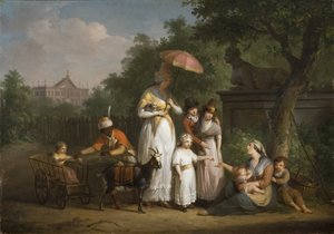 Een Adellijke Familie die Aalmoezen uitdeelt in een Park